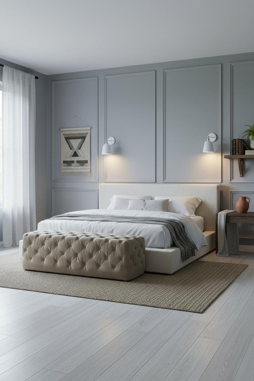 Modern Farmhouse Master Bedroom Grey Paneling Natural Light