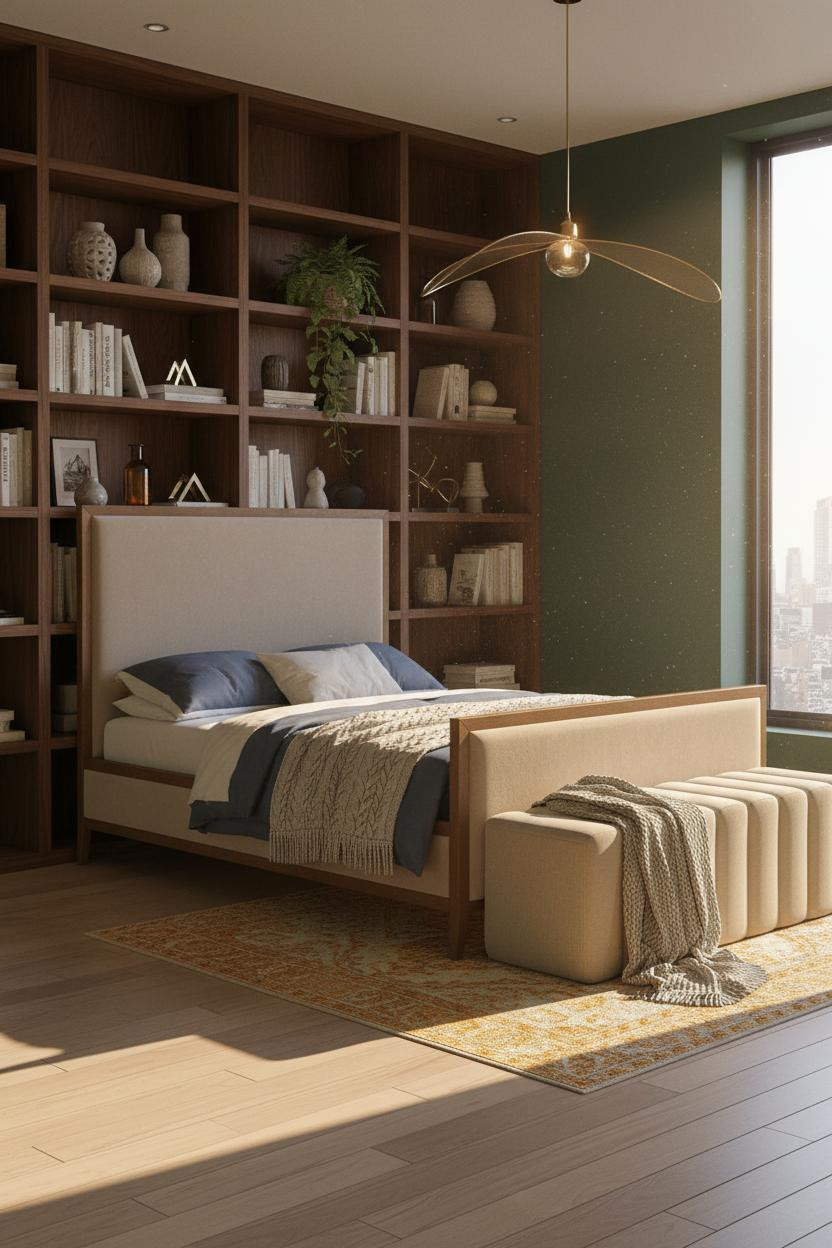 Romantic Bedroom Couples Green Walnut Shelves