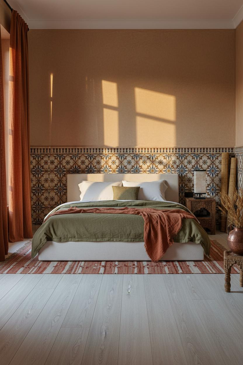 Moroccan Bedroom Encaustic Tiles Warm Lighting