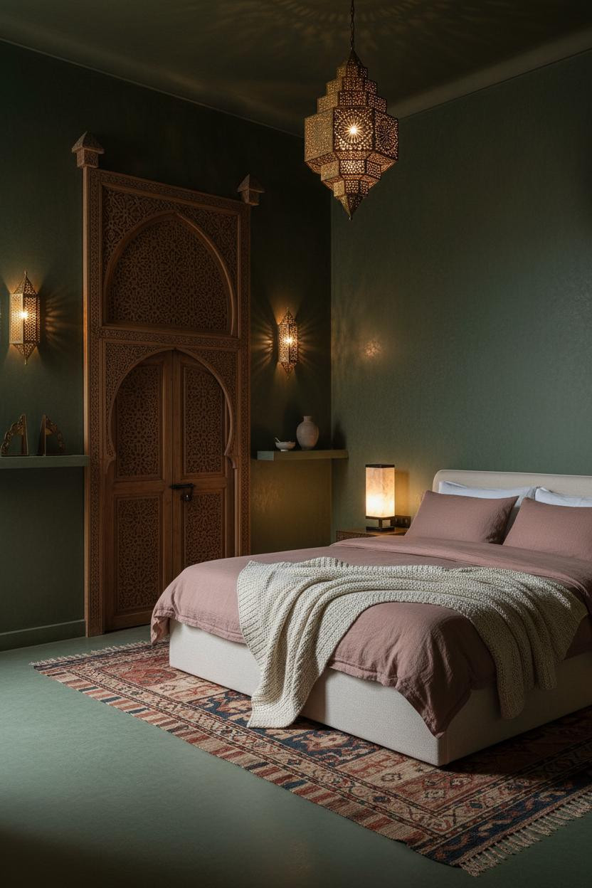 Moroccan Bedroom Green Plaster Brass Sconces