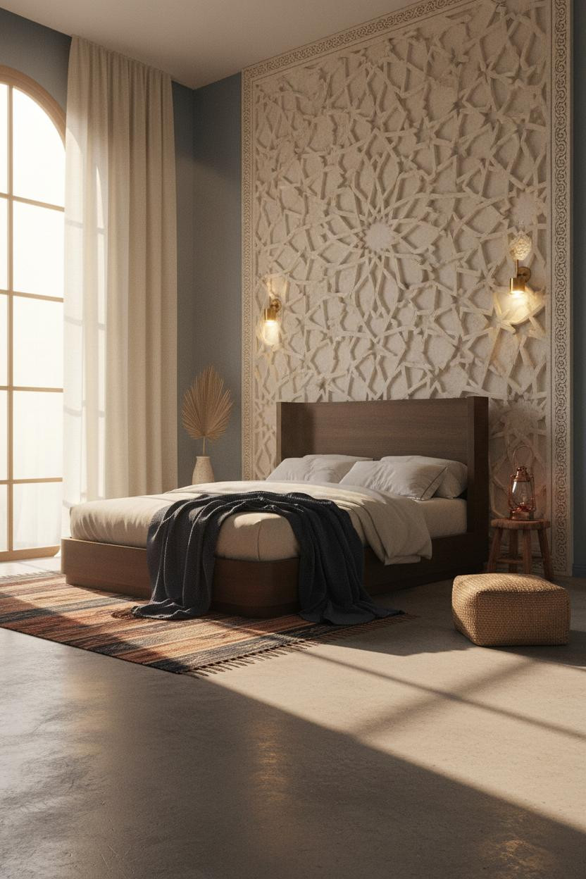 Moroccan Bedroom Geometric Carved Headwall