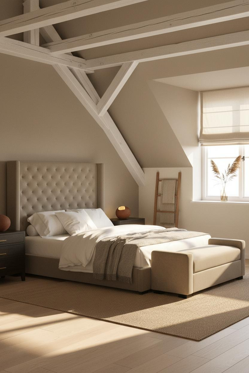Sloped Ceiling Bedroom Japandi Attic Whitewashed Beams
