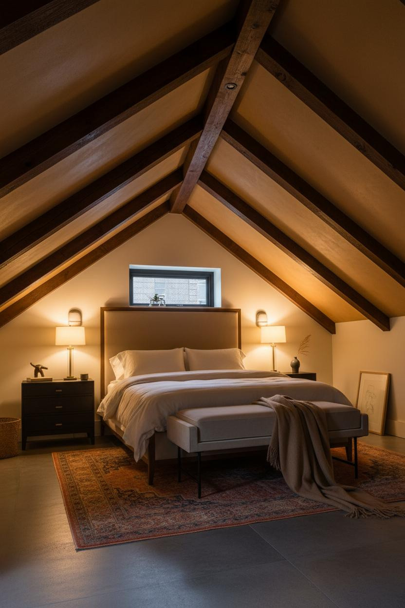 Sloped Ceiling Bedroom Walnut Beams Attic Design