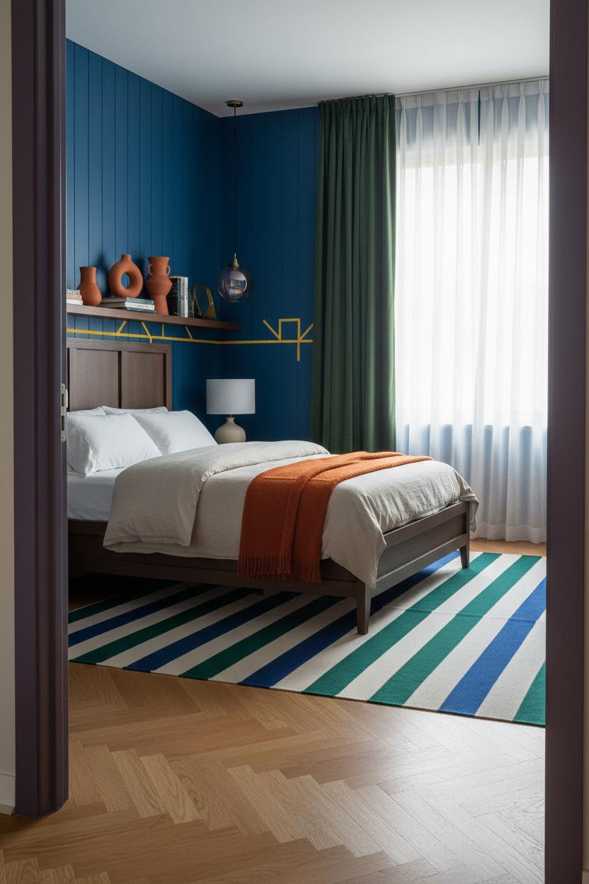 Colorful Maximalist Bedroom Cobalt Accent Wall