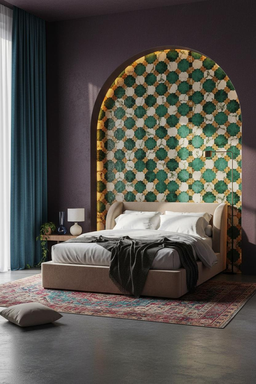 Colorful Maximalist Bedroom Zellige Tilework