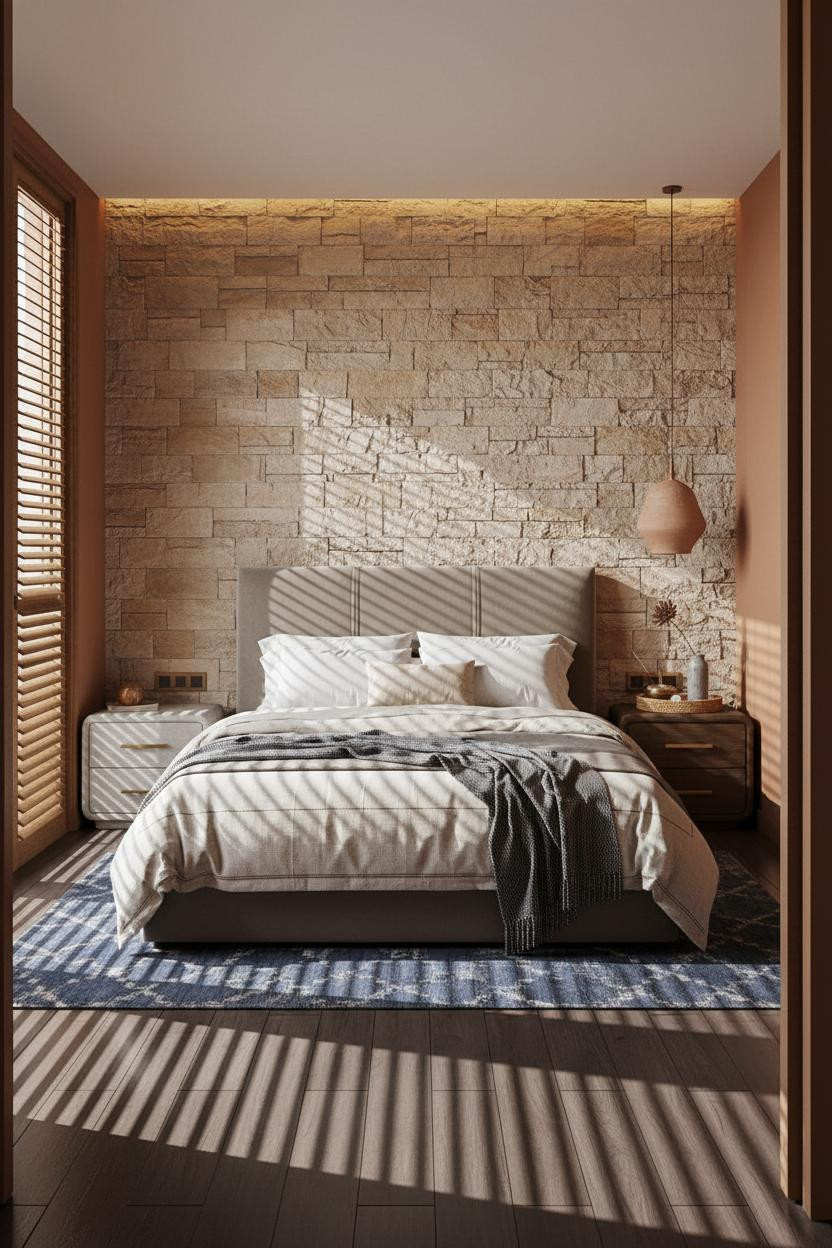 Indochine Bedroom Stone Accent Wall