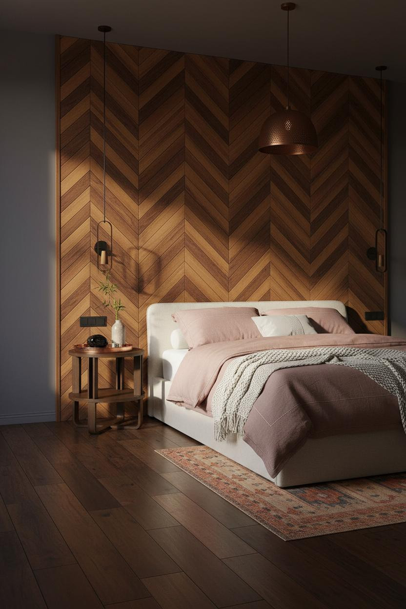 Indochine Bedroom Teak Herringbone Headwall