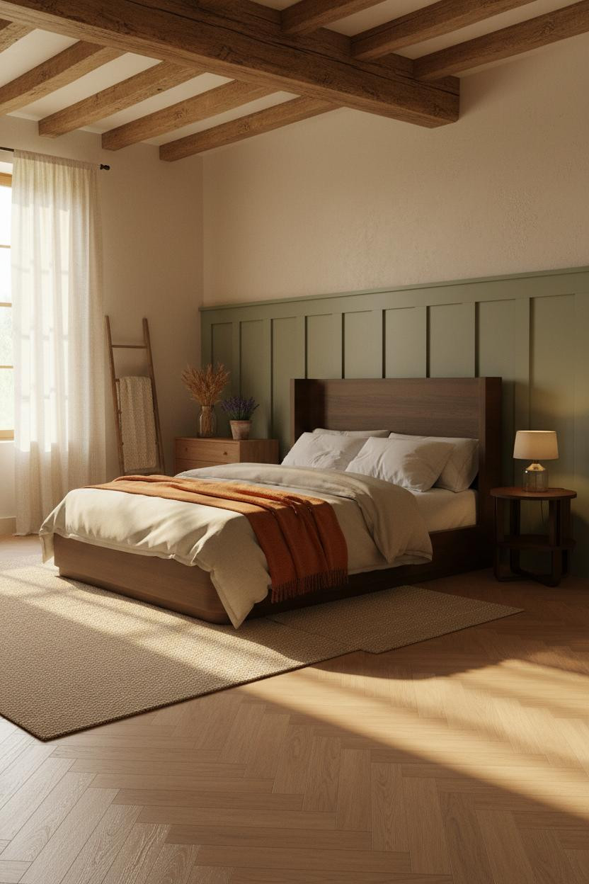 Farmhouse Bedroom Exposed Beams Golden Light