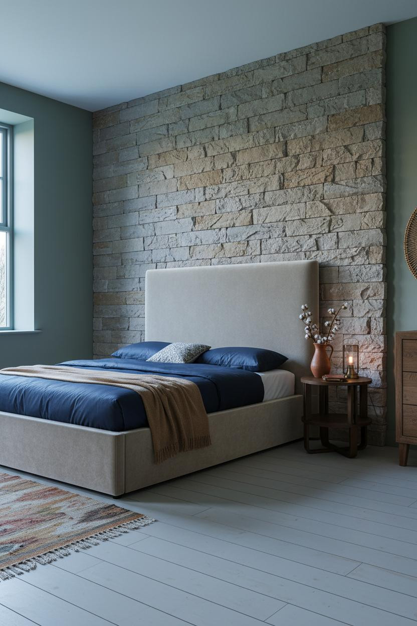 Farmhouse Bedroom Stone Wall Morning Light
