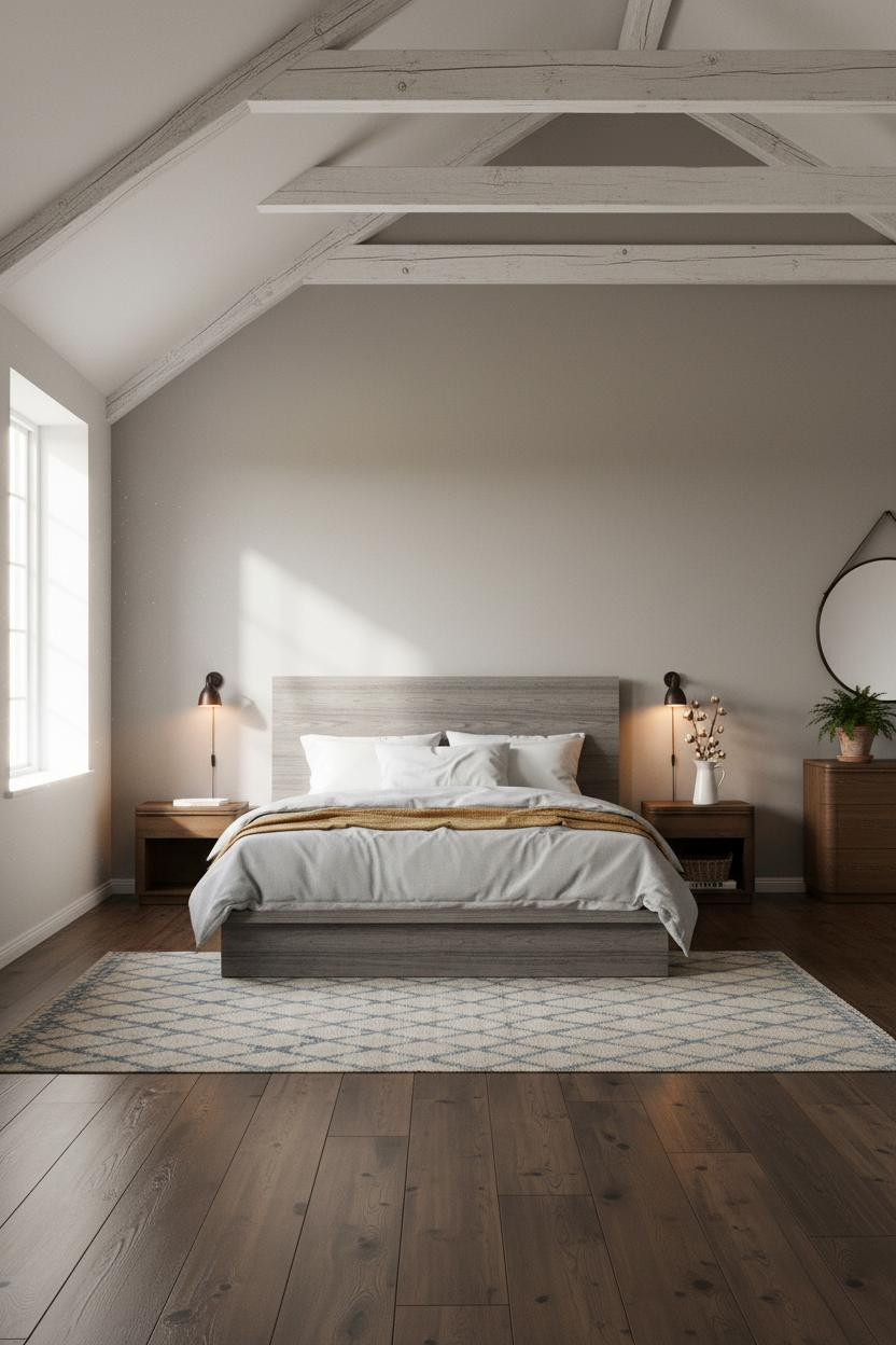 Farmhouse Bedroom Whitewashed Rafters Vintage