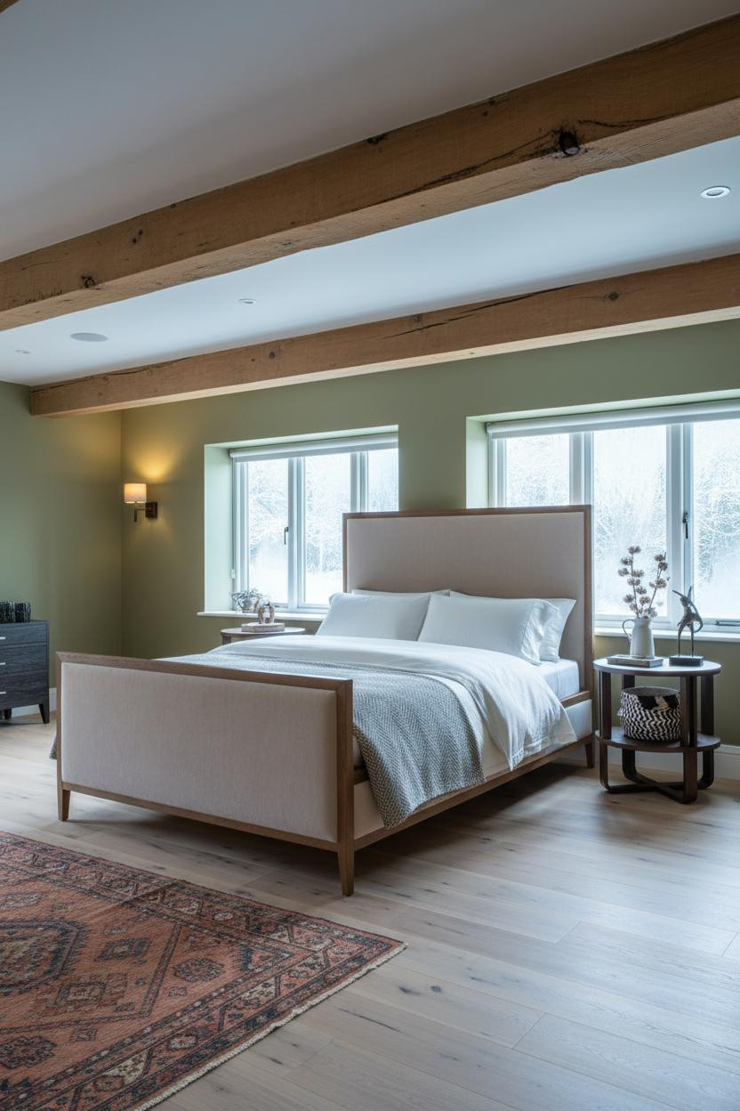 Farmhouse Bedroom Timber Beams Morning Light