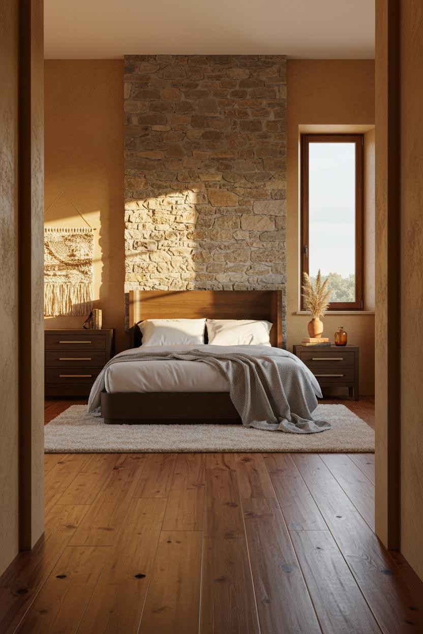 Farmhouse Bedroom Stone Accent Wall