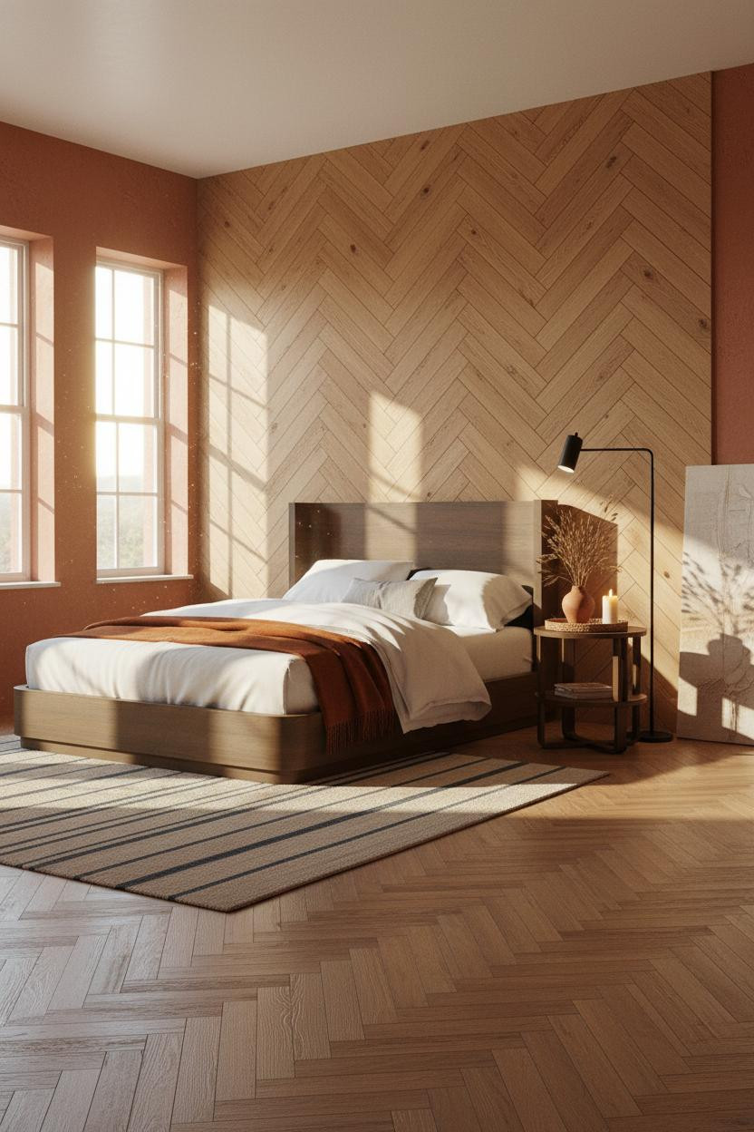 Farmhouse Bedroom Herringbone Wall Warm Lighting