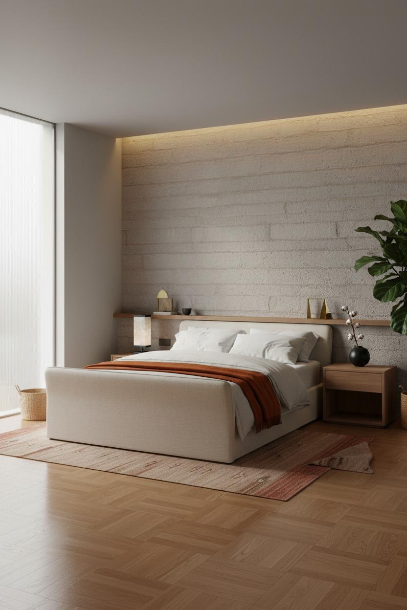 White Bed Frame Japandi Bedroom Plaster Accent