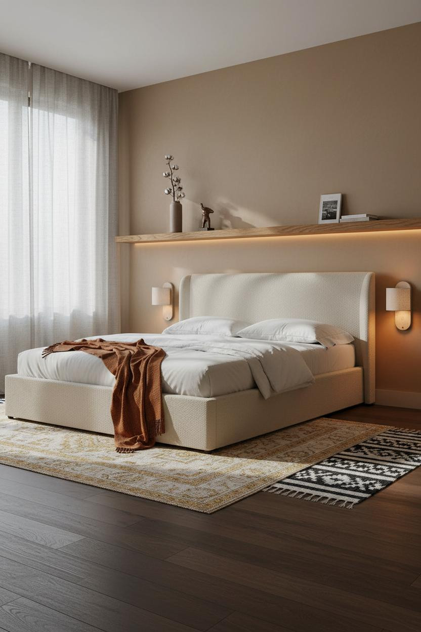 White Bed Frame Boho Bedroom Floating Shelf