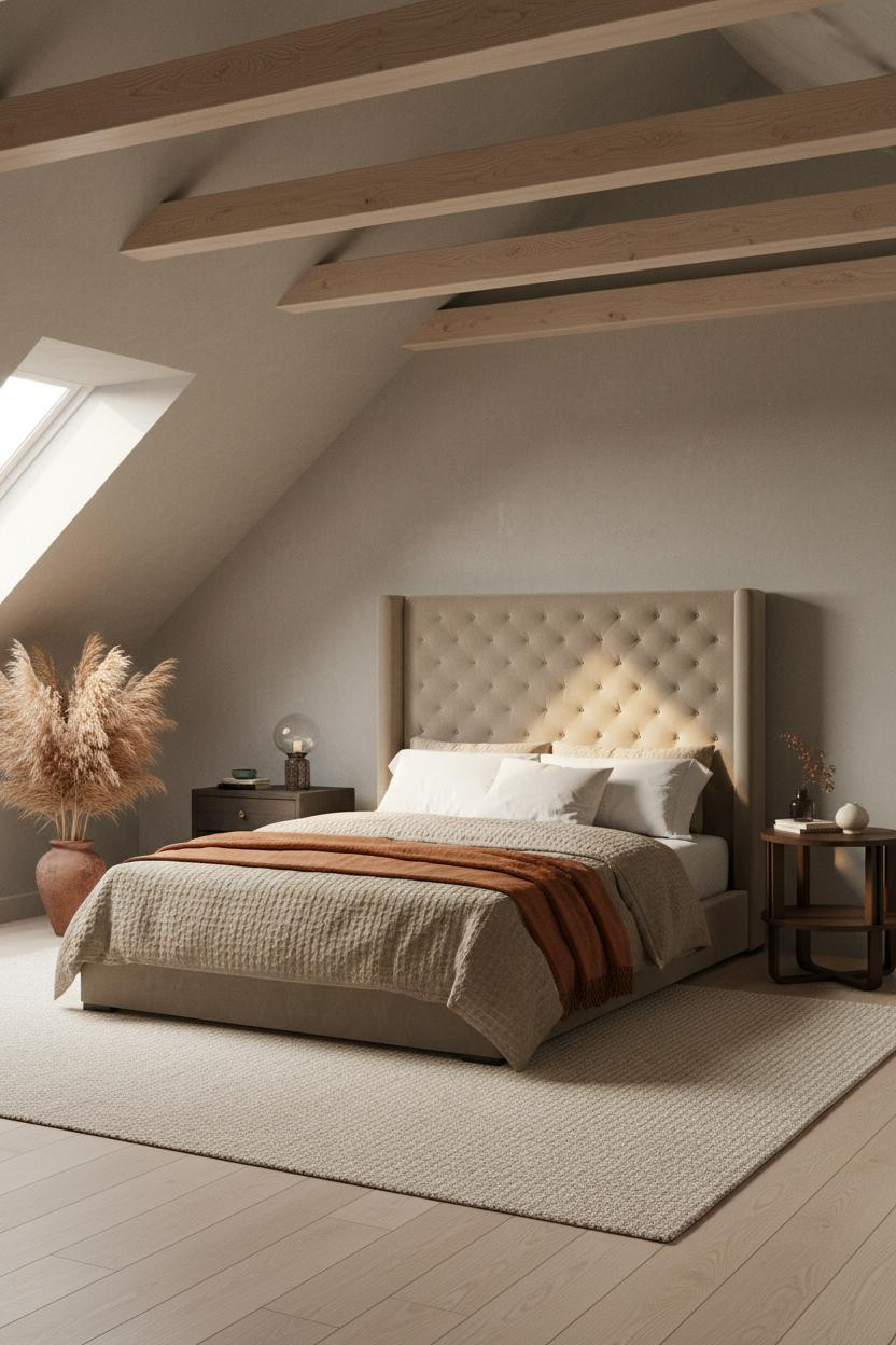 Warm Neutral Attic Bedroom Timber Beams