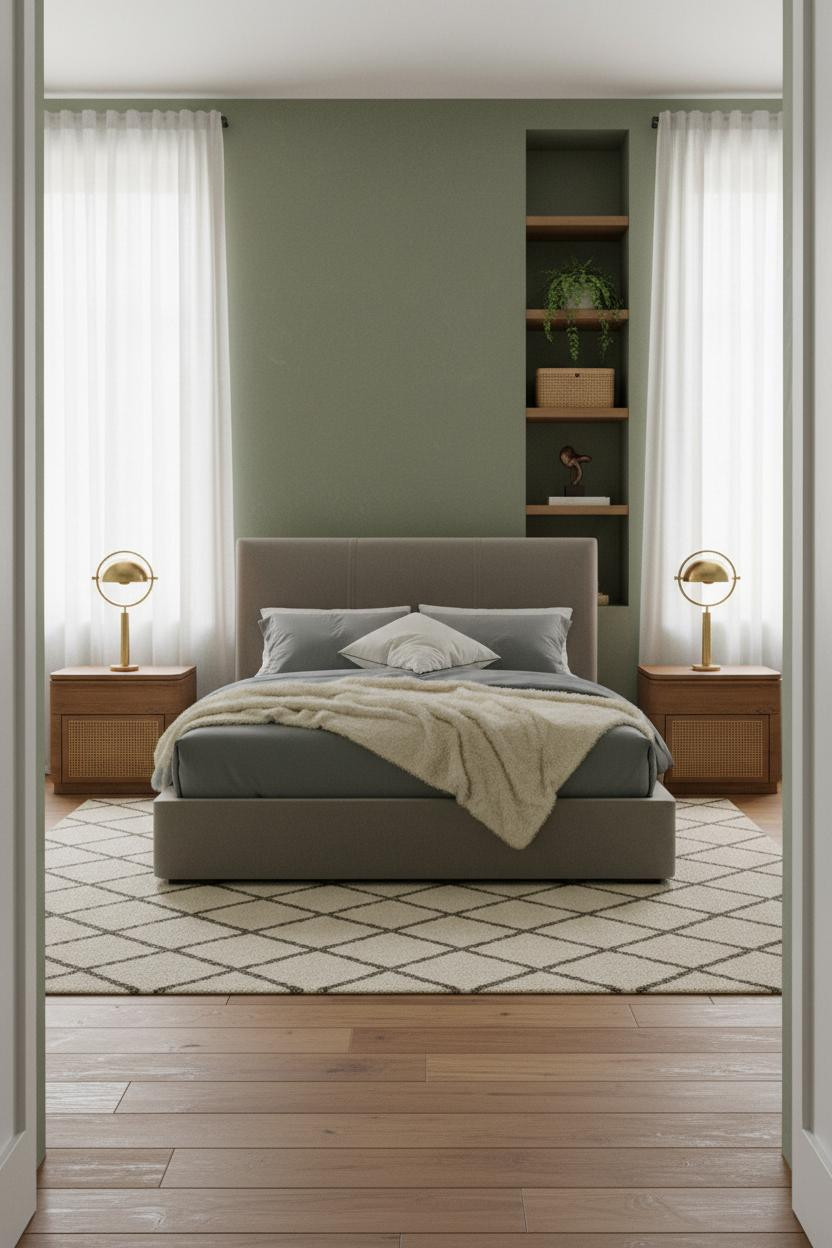 Warm Neutral Bedroom Attic Shelving