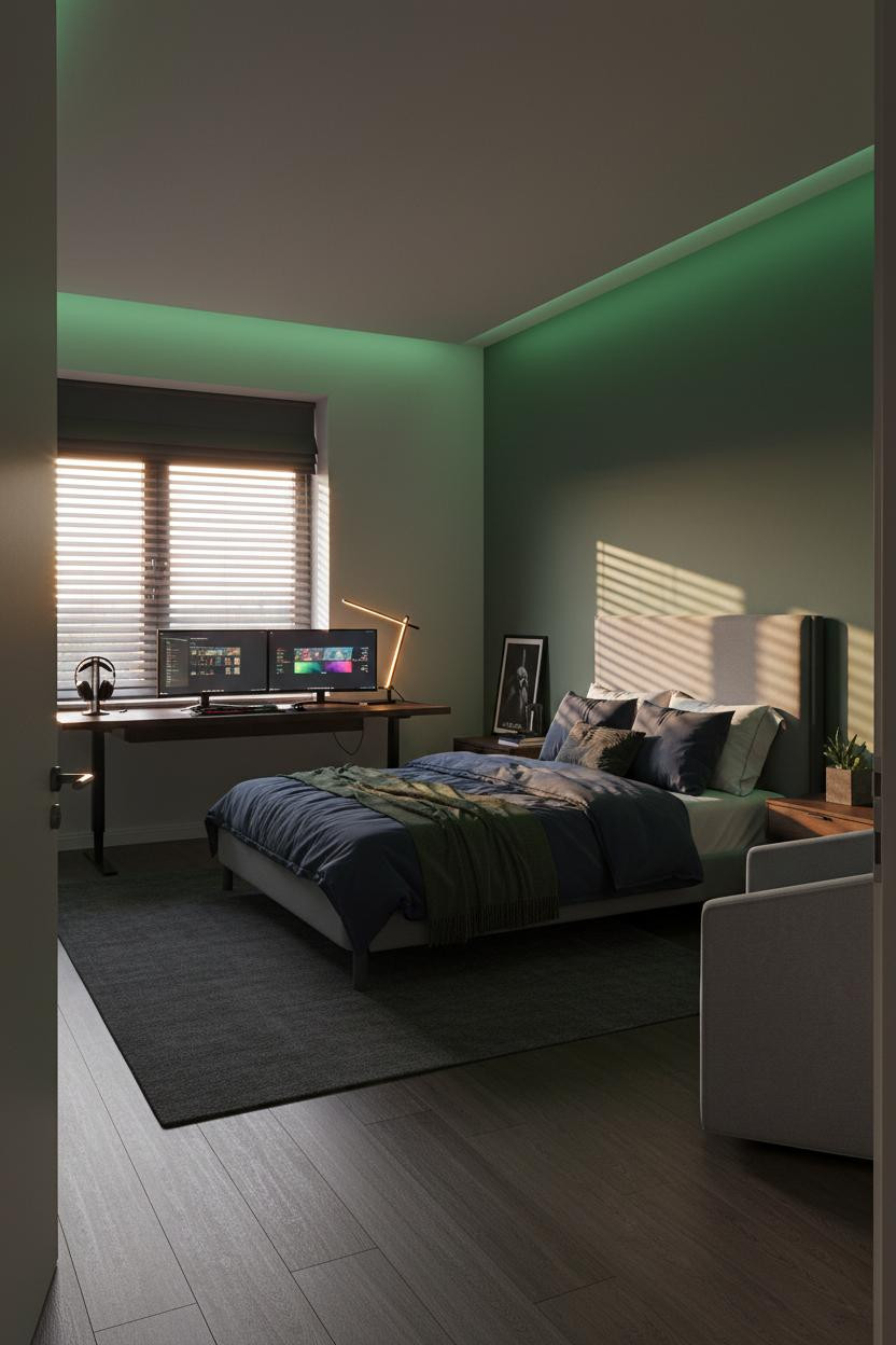 Cozy Gamer Bedroom RGB Lighting Gaming Desk