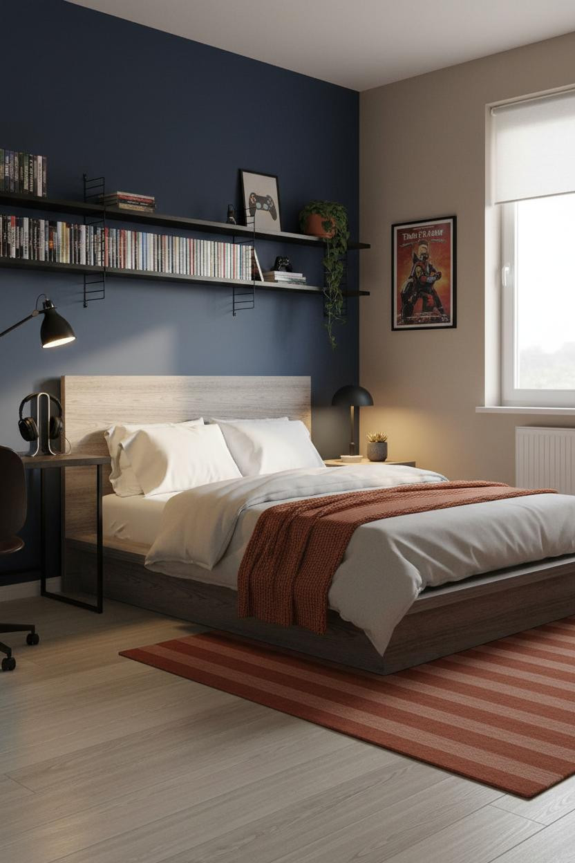 Cozy Gamer Bedroom Navy Accent Wall Scandi