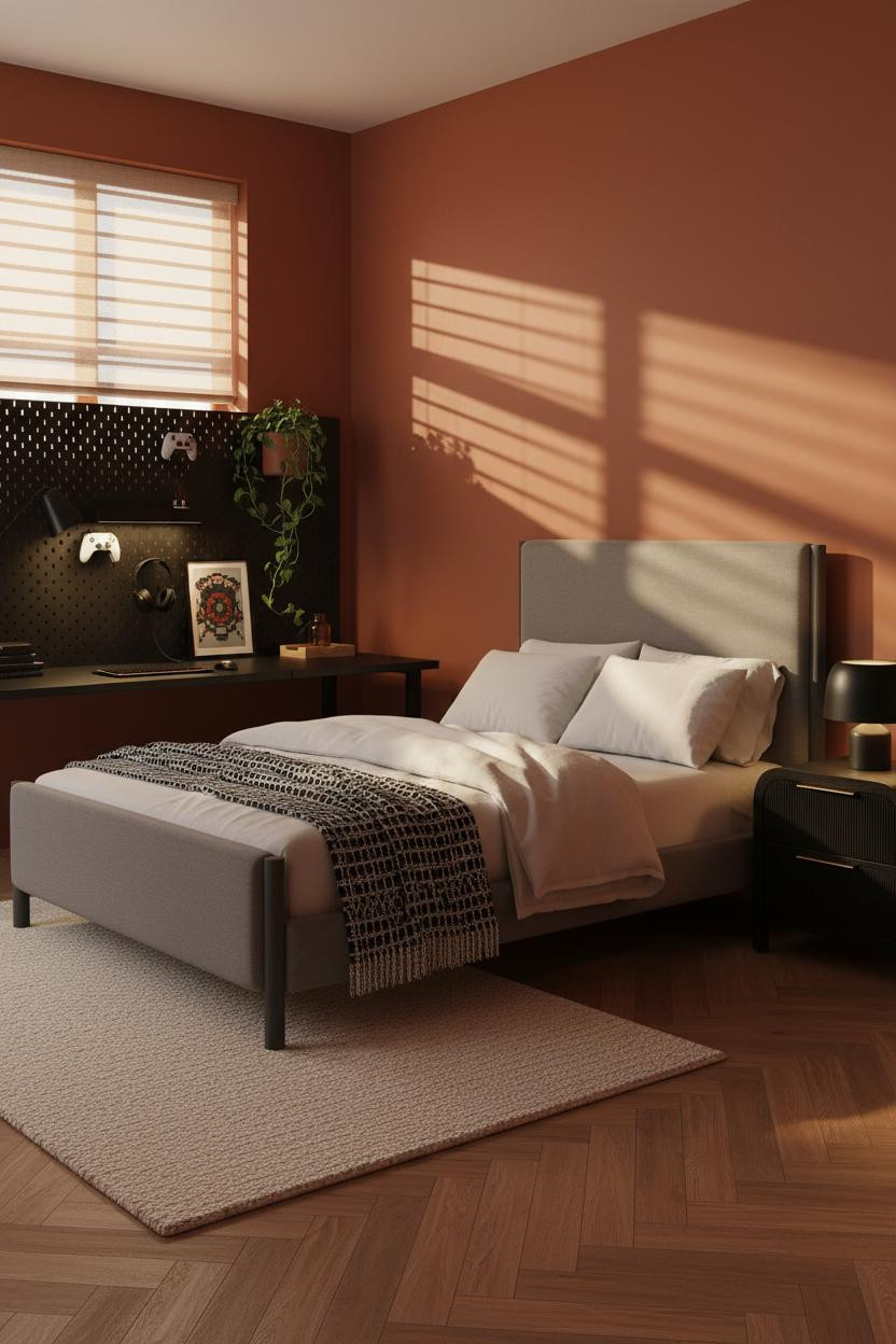 Cozy Gamer Bedroom Pegboard Gaming Desk