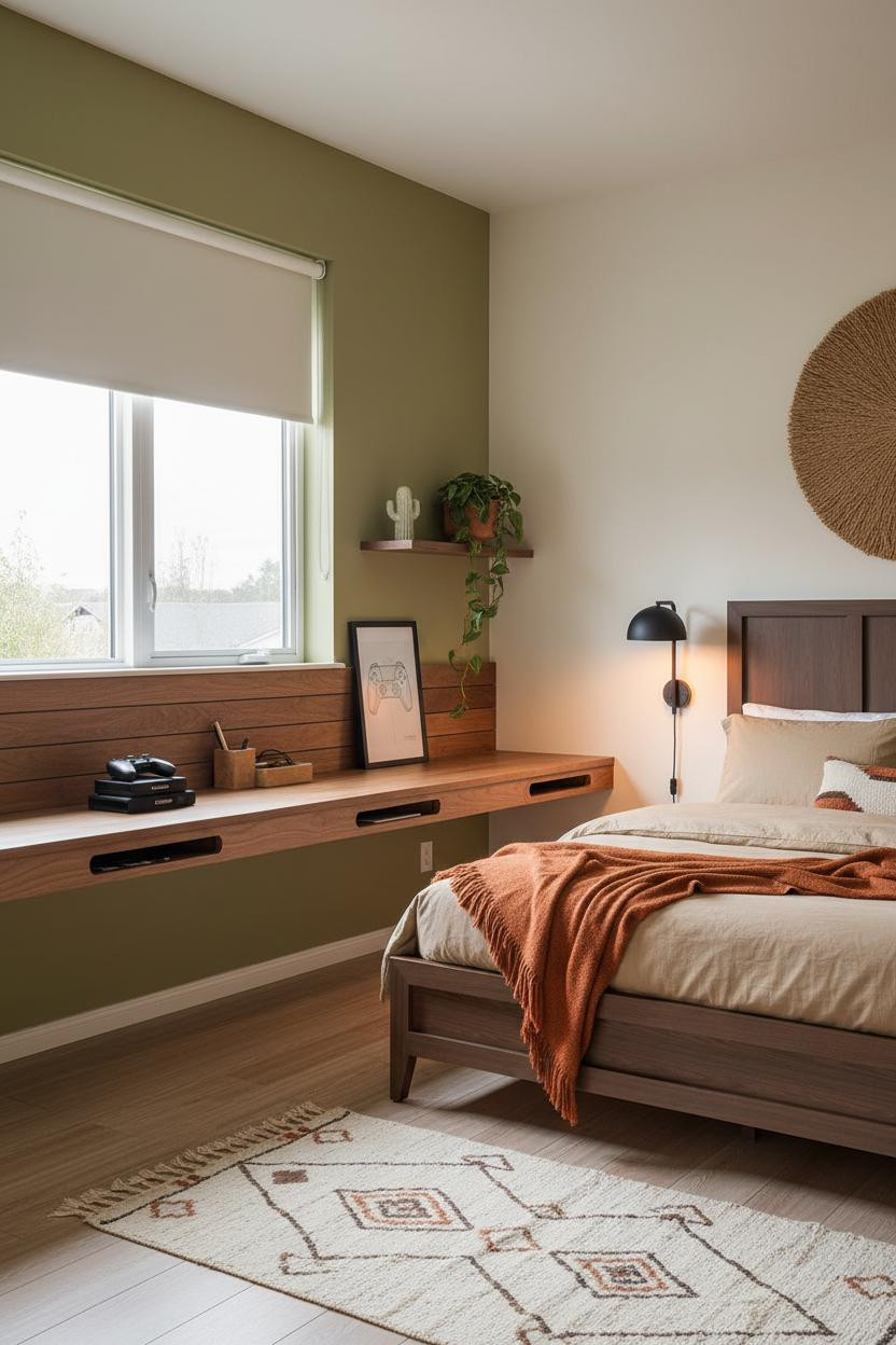 Cozy Gamer Bedroom Walnut Desk Olive Wall