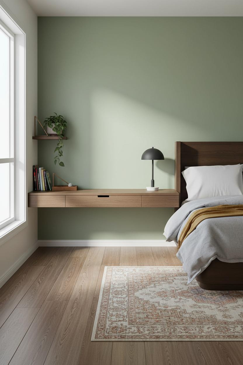 Cozy Gamer Bedroom Sage Green Oak Desk