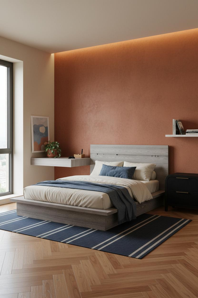 Cozy Gamer Bedroom Rust Accent Floating Desk