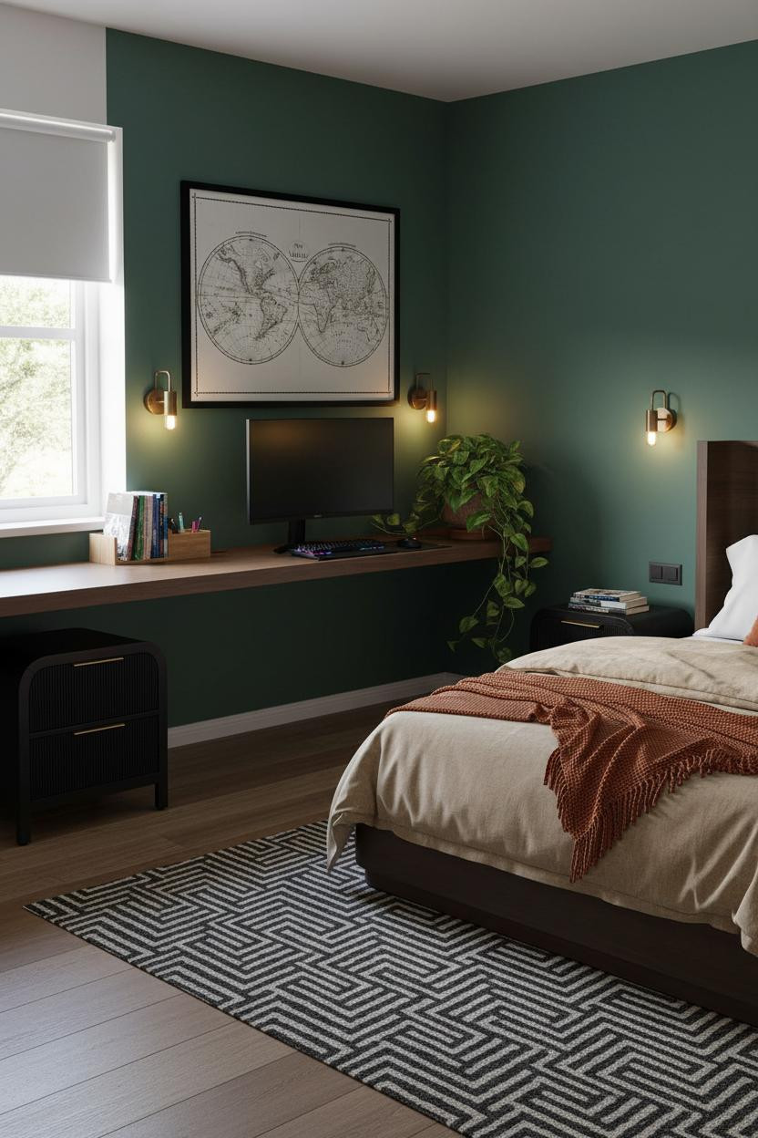 Cozy Gamer Bedroom Forest Green Walnut Desk