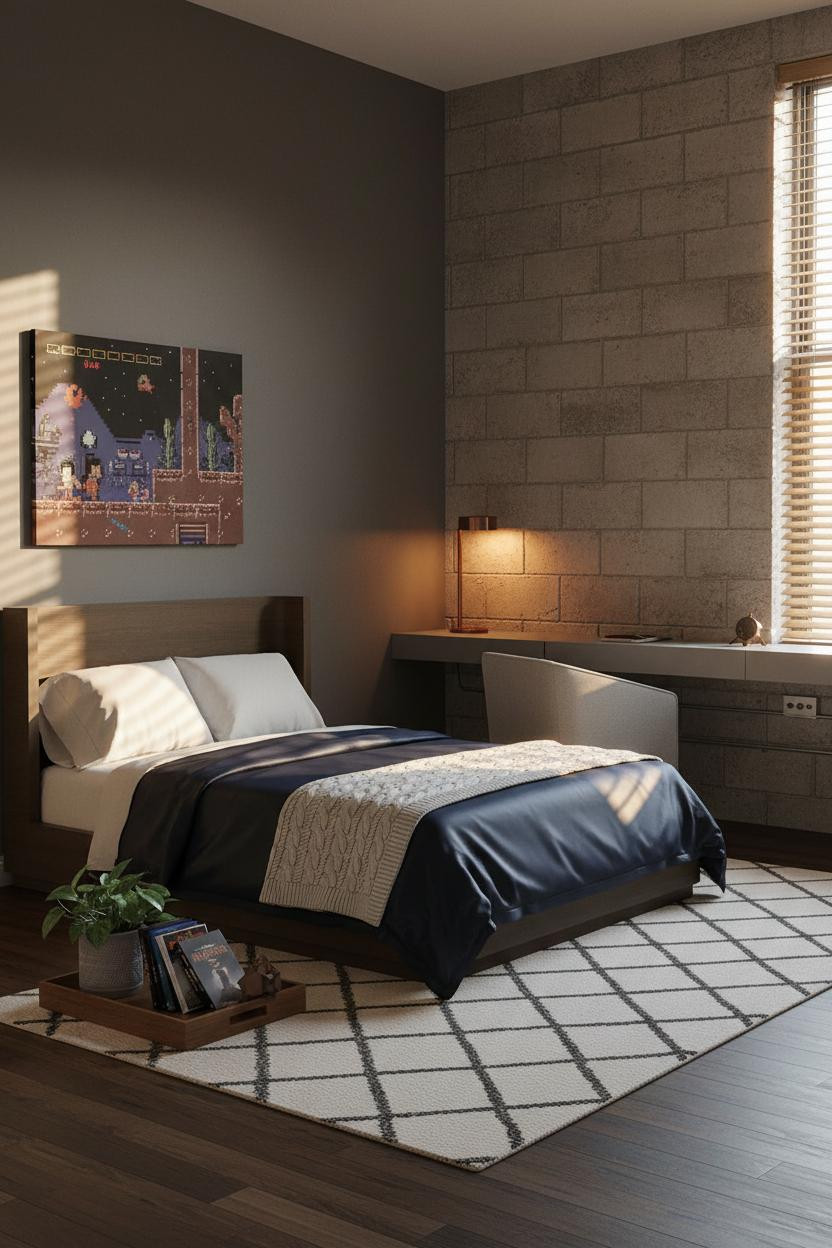 Cozy Gamer Bedroom Industrial Concrete Desk