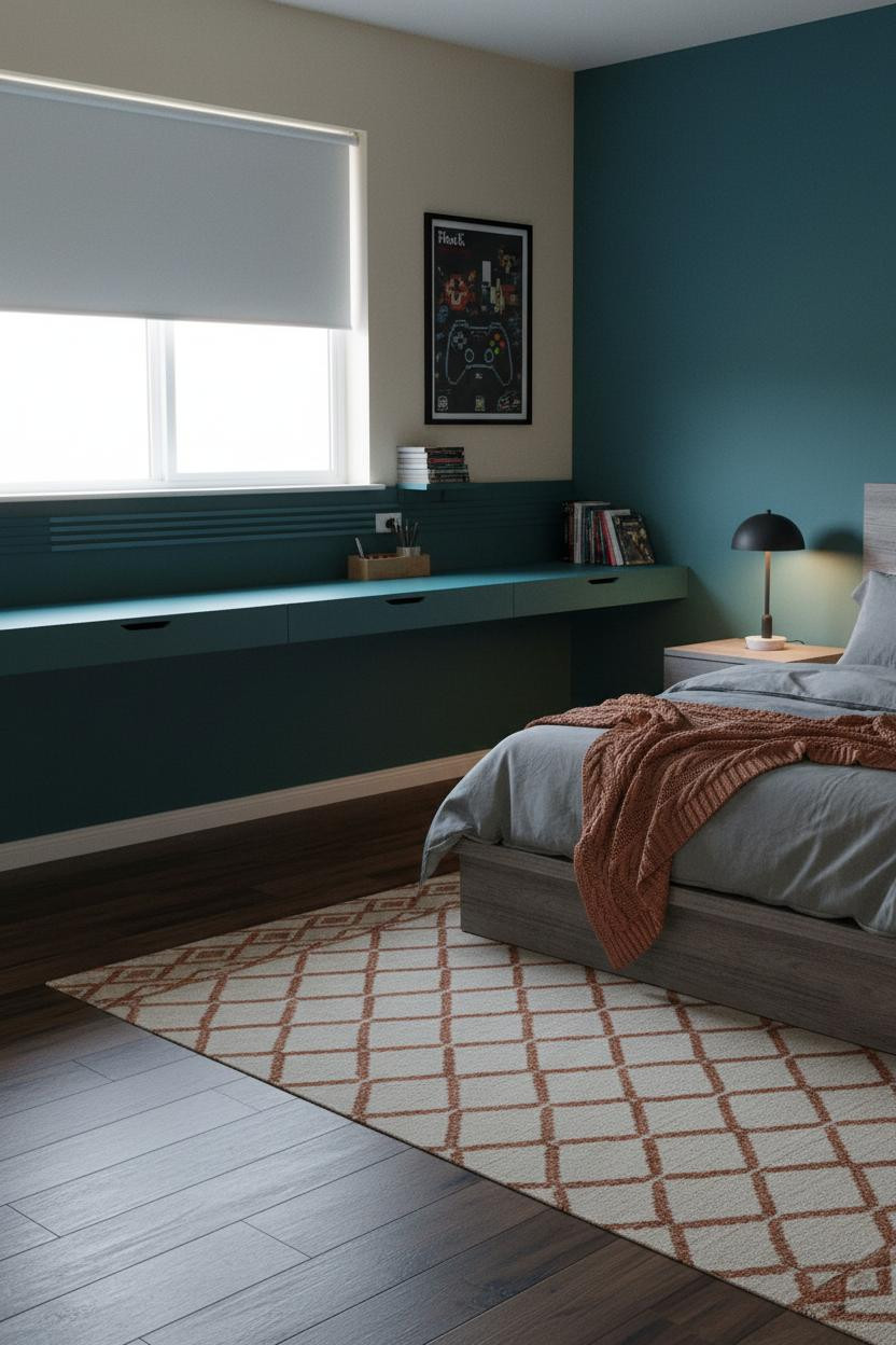 Cozy Gamer Bedroom Teal Desk Warm Lamps