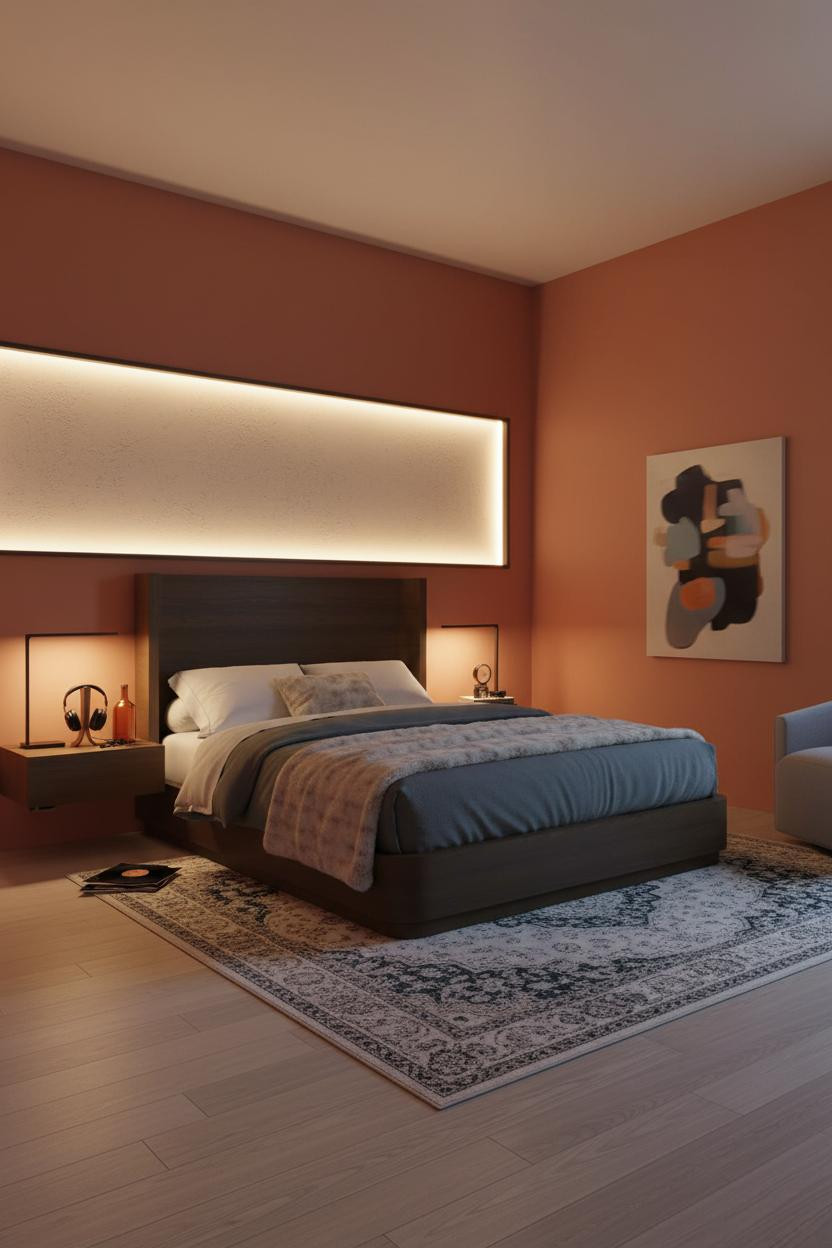 Cozy Gamer Bedroom Backlit Panel Gaming Desk