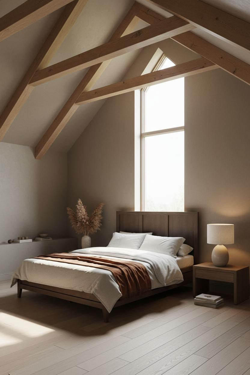 Vaulted Ceiling Bedroom Cathedral Beams Japandi