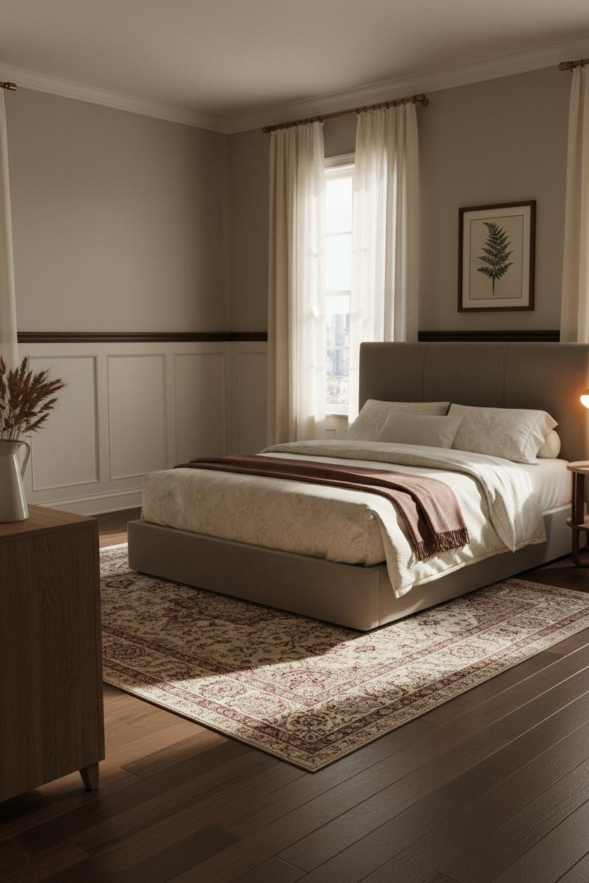 American Classic Bedroom Wainscoting And Walnut With Cream Linen Curtains