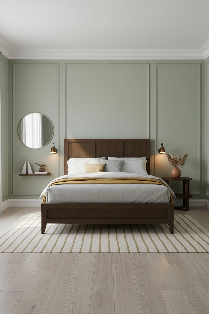 American Classic Bedroom With Crown Molding And Sage Green Walls