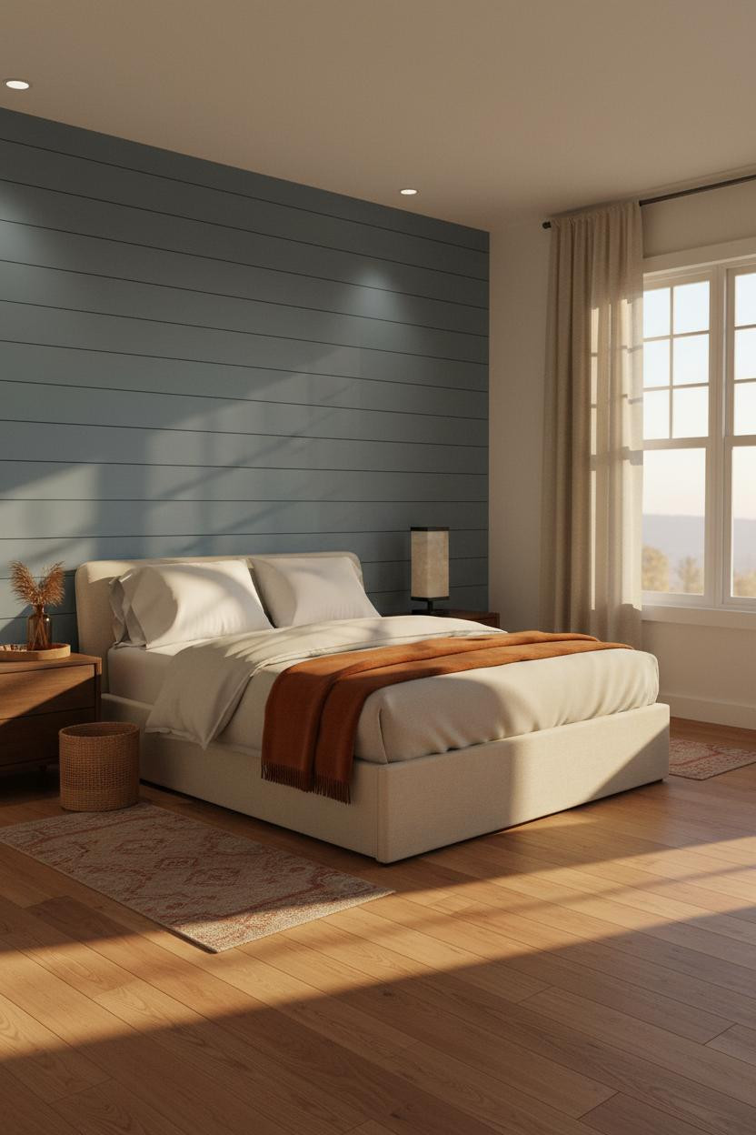 American Classic Bedroom Dusty Blue Shiplap Sunset Design