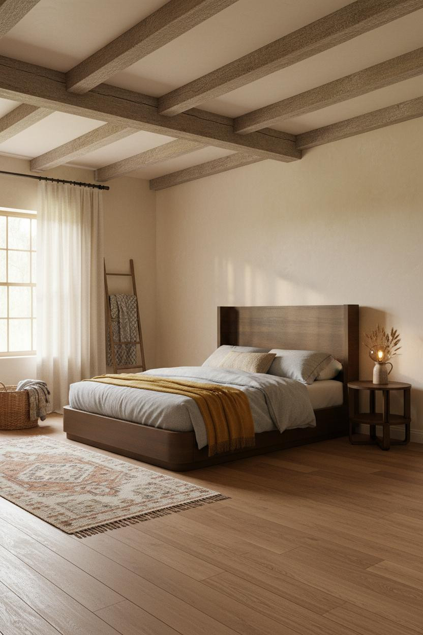 Rustic Farmhouse Bedroom Exposed Beams Morning Light