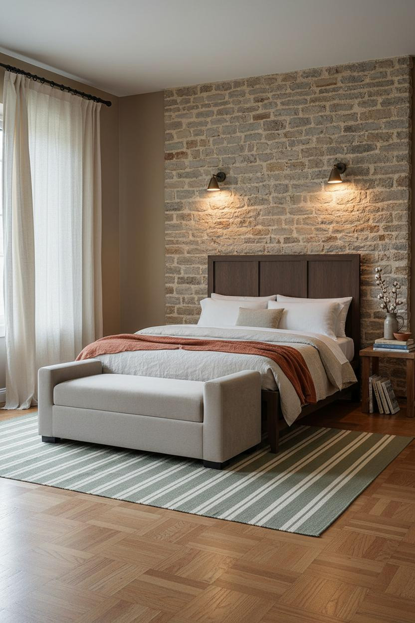 Rustic Farmhouse Bedroom Stone Wall Linen