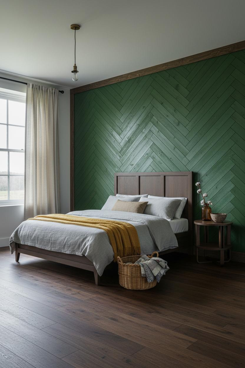 Rustic Farmhouse Bedroom Green Herringbone Walls