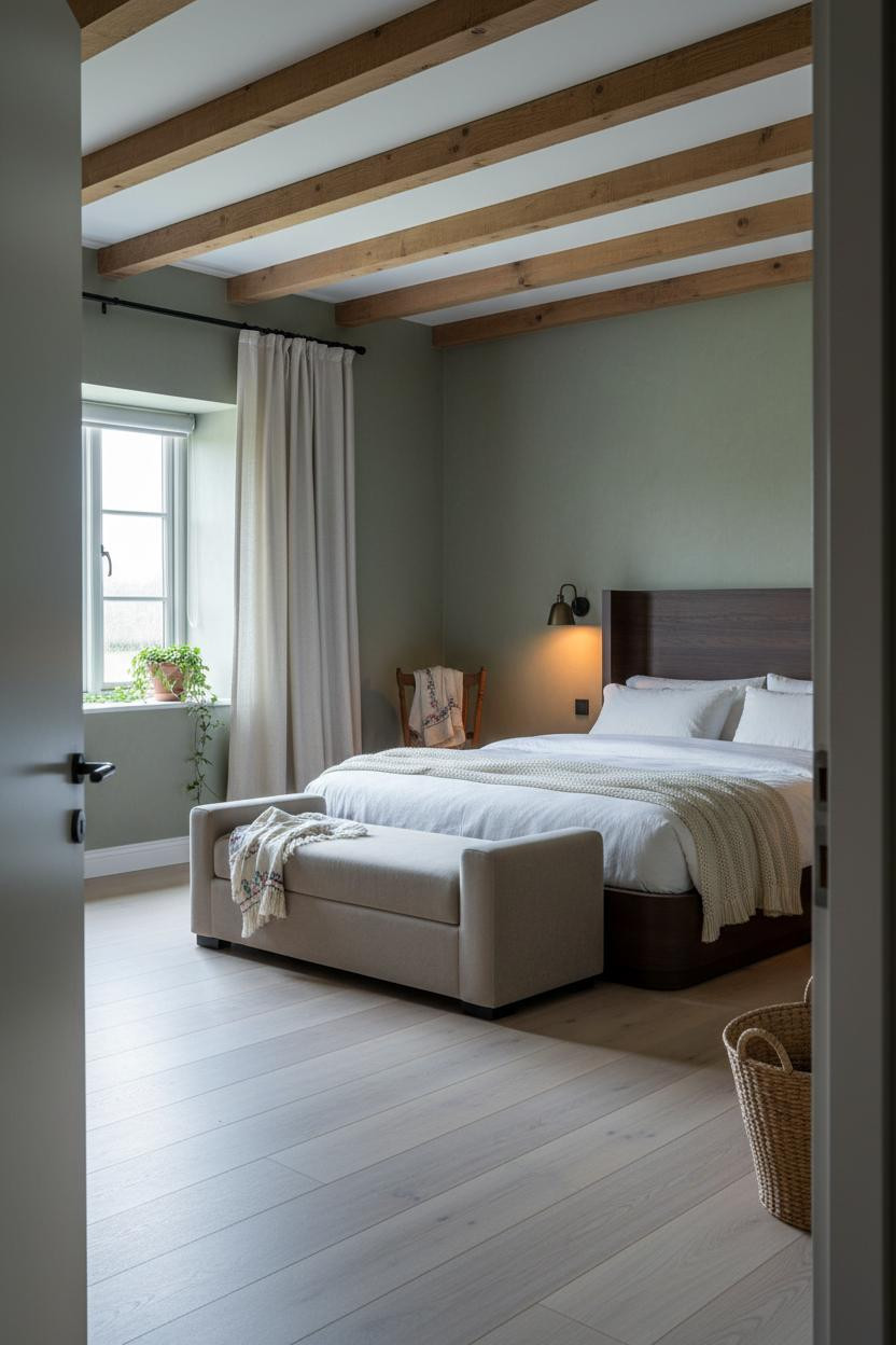 Cottage Bedroom Exposed Beams Moss Green