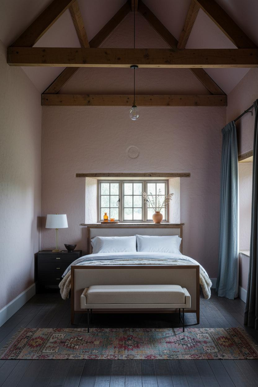 Cottage Bedroom Exposed Beams Linen