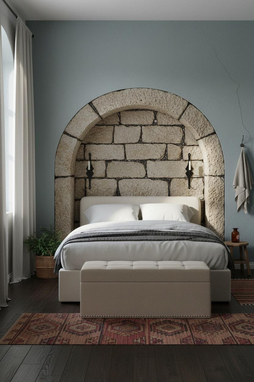 Cottage Bedroom Stone Alcove Arched Window
