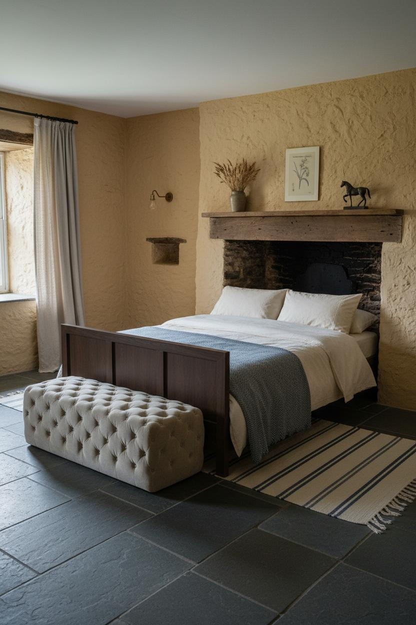 Cottage Bedroom Stone Fireplace Vintage