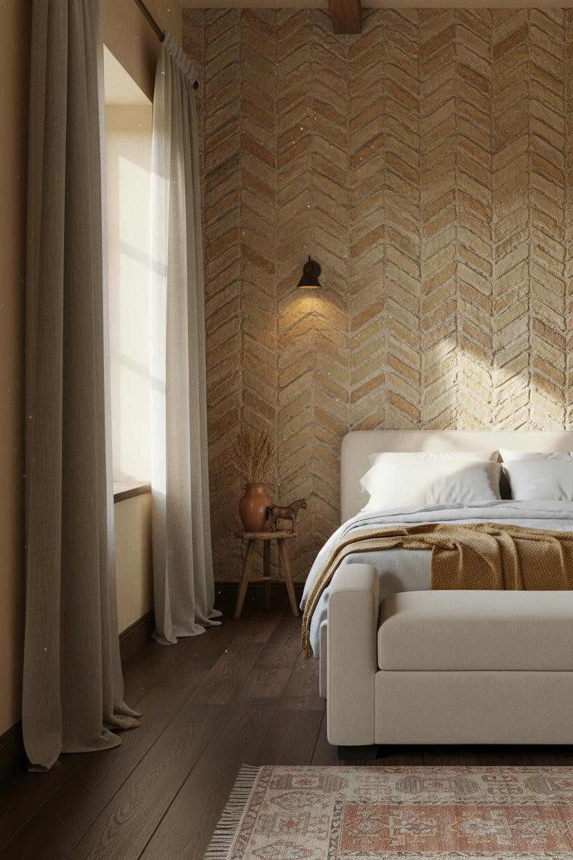 Cottage Bedroom Herringbone Stone Wall