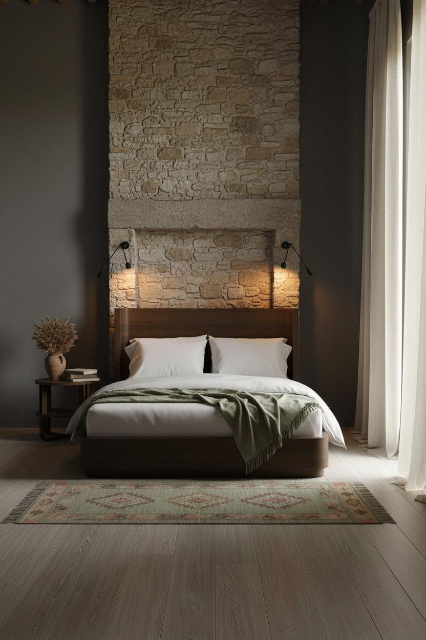 Moody Cottage Bedroom Dark Stone Sconces