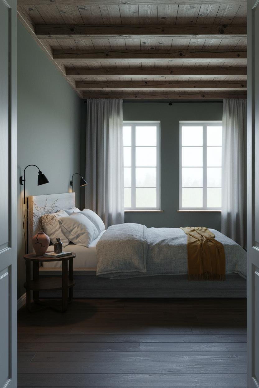 Moody Cottage Bedroom Timber Beams Sage Walls