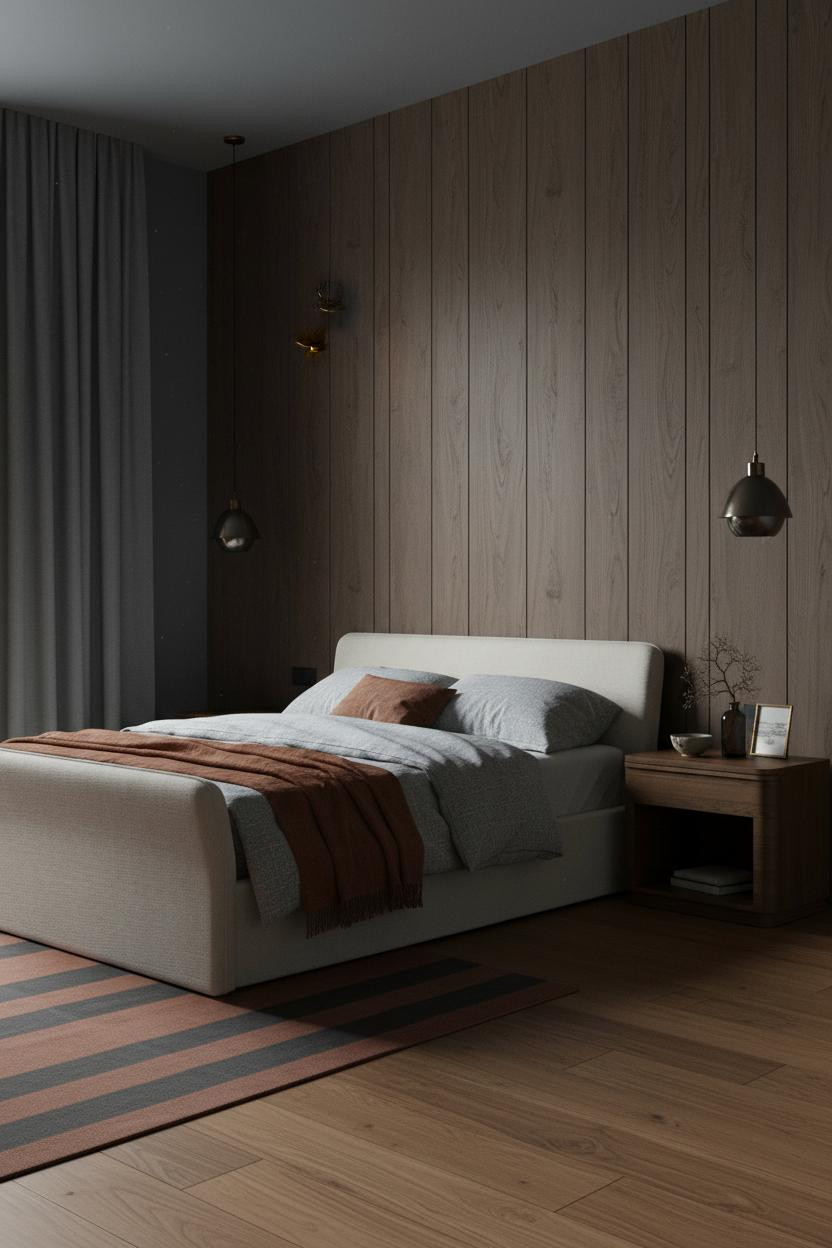 Moody Cottage Bedroom Walnut Paneling Brass Sconce