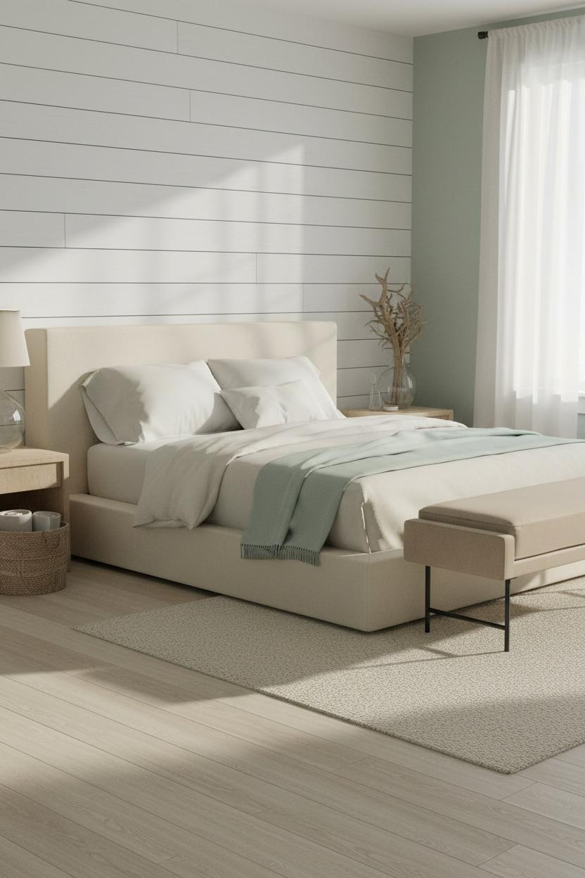 Neutral Coastal Bedroom Whitewashed Shiplap Master Bed