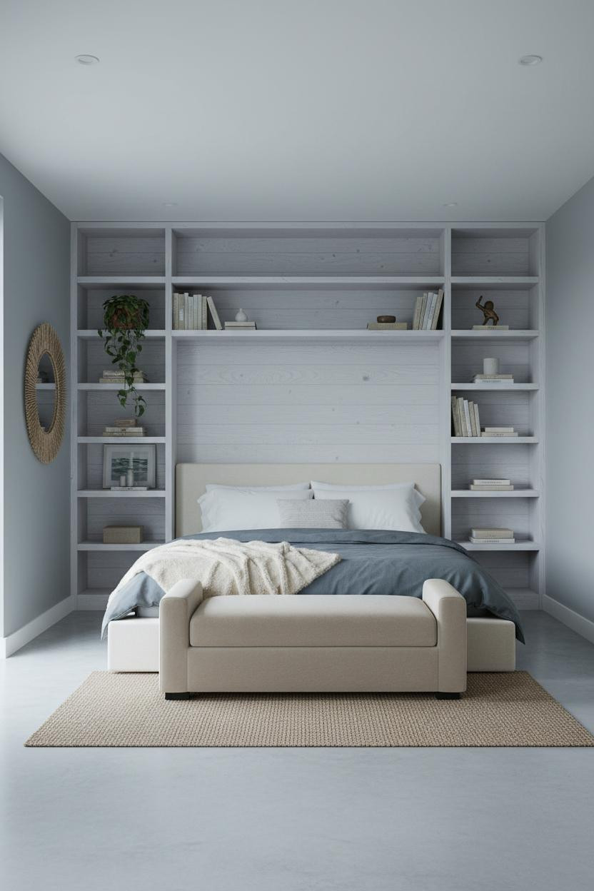 Neutral Coastal Bedroom Whitewashed Shelves