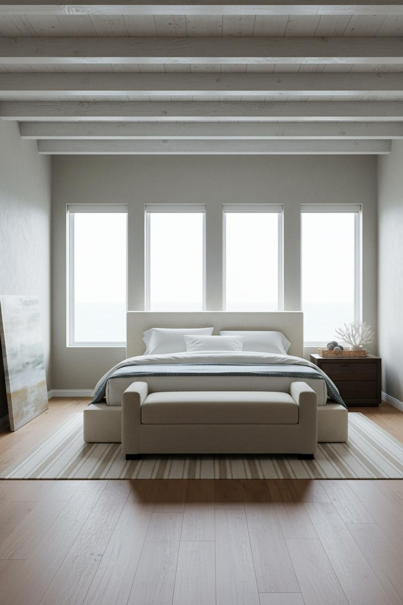 Neutral Coastal Bedroom Whitewashed Beams