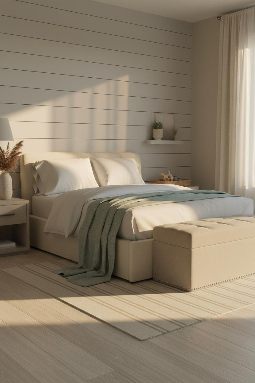 Neutral Coastal Bedroom Shiplap Headboard